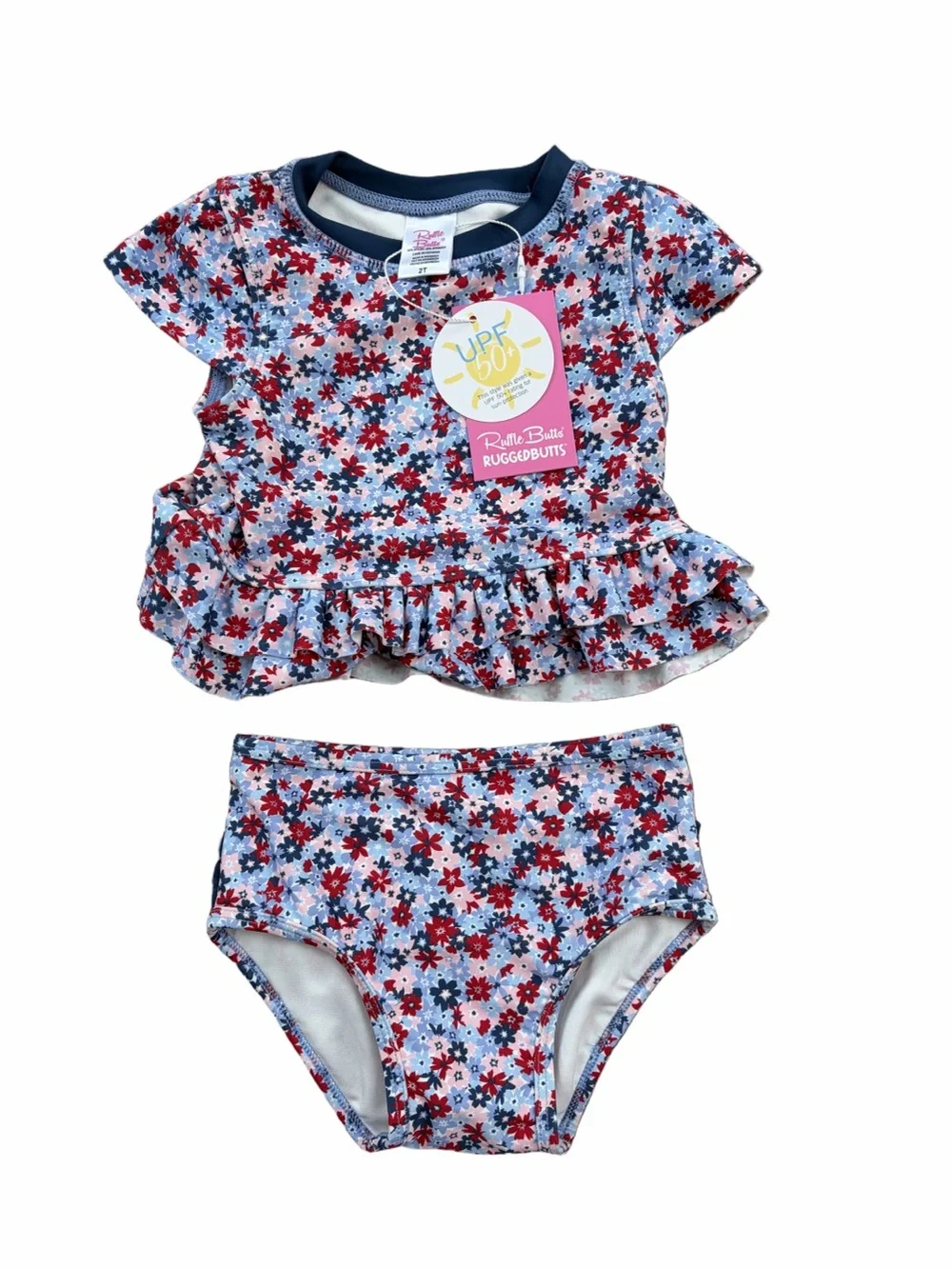 RuffleButts NWT Size 2T Red White & Bloom Cap Sleeve Ruffle Hem Bikini Swimsuit